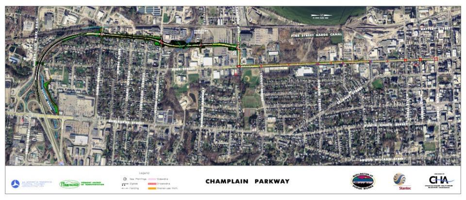 A map shows the entire project outline of the Champlain Parkway. The entire project will be finished in 2027.