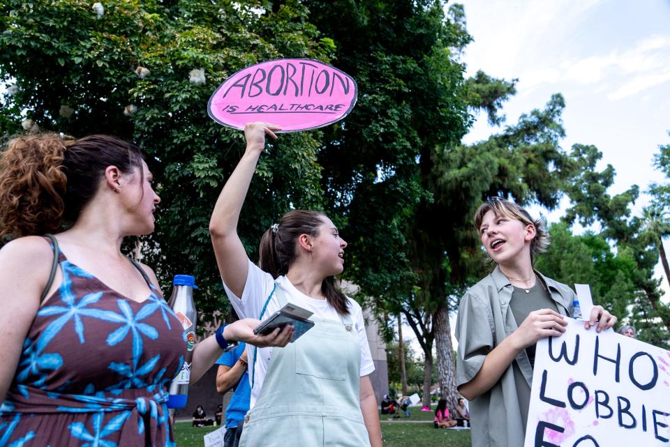 Abortion rights activists protest outside the Arizona state Capitol in Phoenix following the Supreme Court's decision to overturn Roe v. Wade on June 24, 2022.