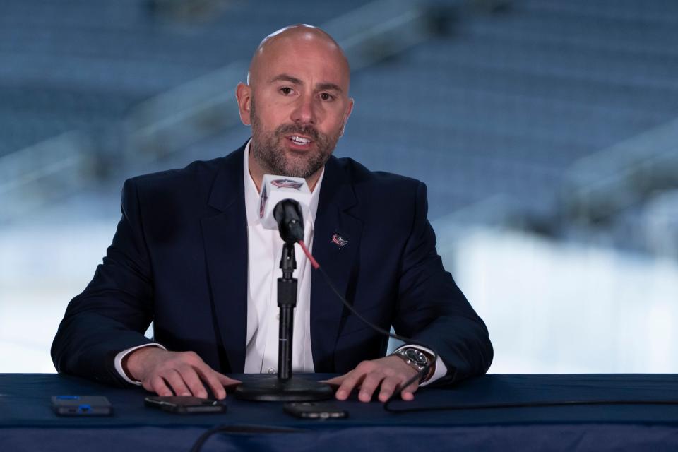 New coach Pascal Vincent answers questions during the Blue Jackets media day prior to the start of training camp at Nationwide Arena.