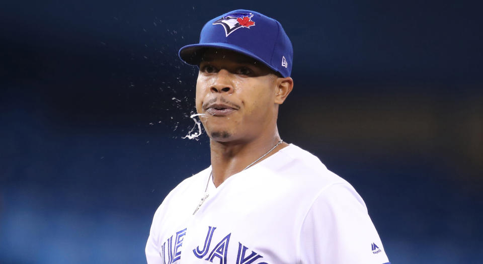 Toronto's Marcus Stroman was quite under the weather while pitching against the San Diego Padres on Sunday. (Photo by Tom Szczerbowski/Getty Images)