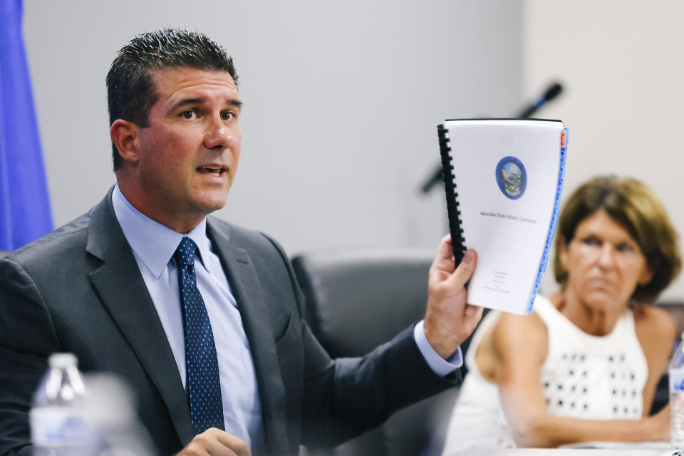 Commissioner Anthony Marnell III speaks during a State of Nevada Athletic Commission meeting held to discuss the Nevada Attorney General's investigation findings regarding the death of UNLV student Nathan Valencia Tuesday, Aug. 23, 2022. (Wade Vandervort/Las Vegas Sun via AP)