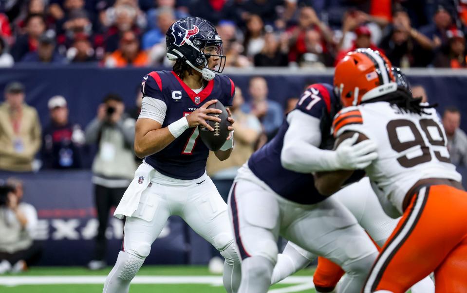 Texans quarterback C.J. Stroud looks to pass during the first quarter against the Browns.
