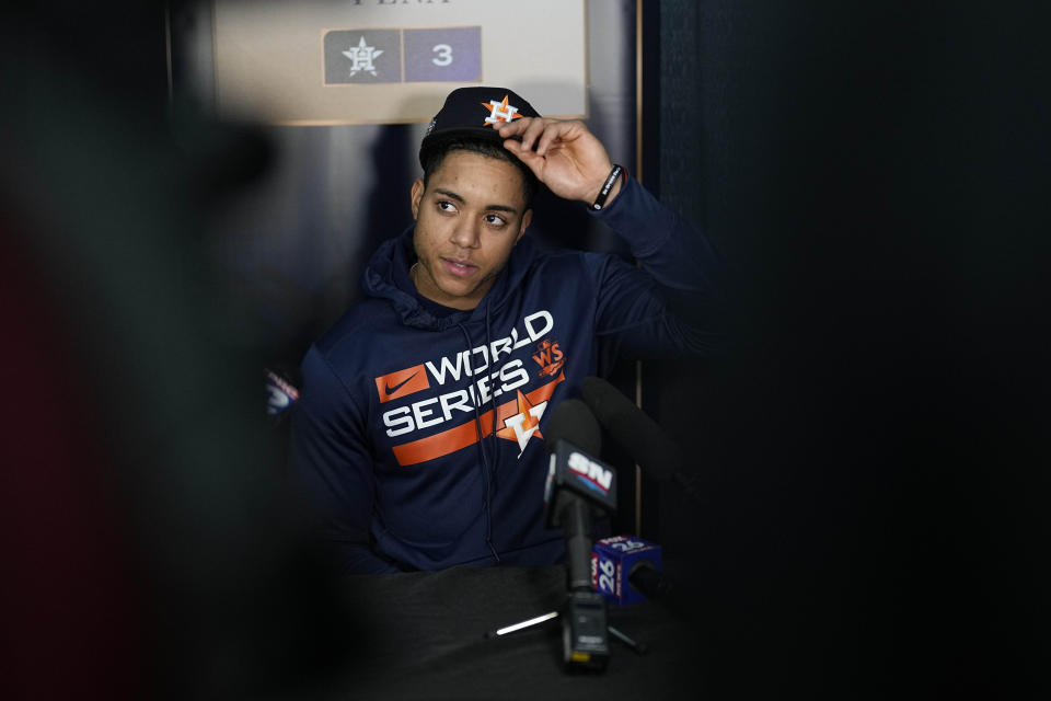 Houston Astros shortstop Jeremy Pena is interviewed ahead of Game 1 of the baseball World Series between the Houston Astros and the Philadelphia Phillies on Thursday, Oct. 27, 2022, in Houston. Game 1 of the series starts Friday. (AP Photo/David J. Phillip)