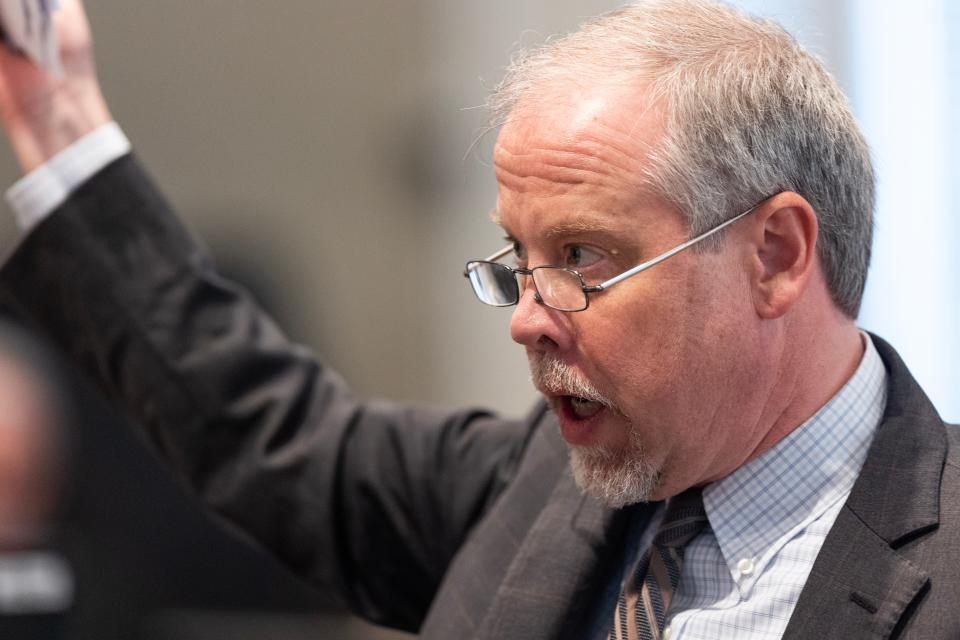 Prosecutor Creighton Waters asks witness Jeanne Seckinger questions about Alex Murdaugh’s alleged financial crimes during his trial for murder at the Colleton County Courthouse on Tuesday, February 7, 2023. Joshua Boucher/The State/Pool