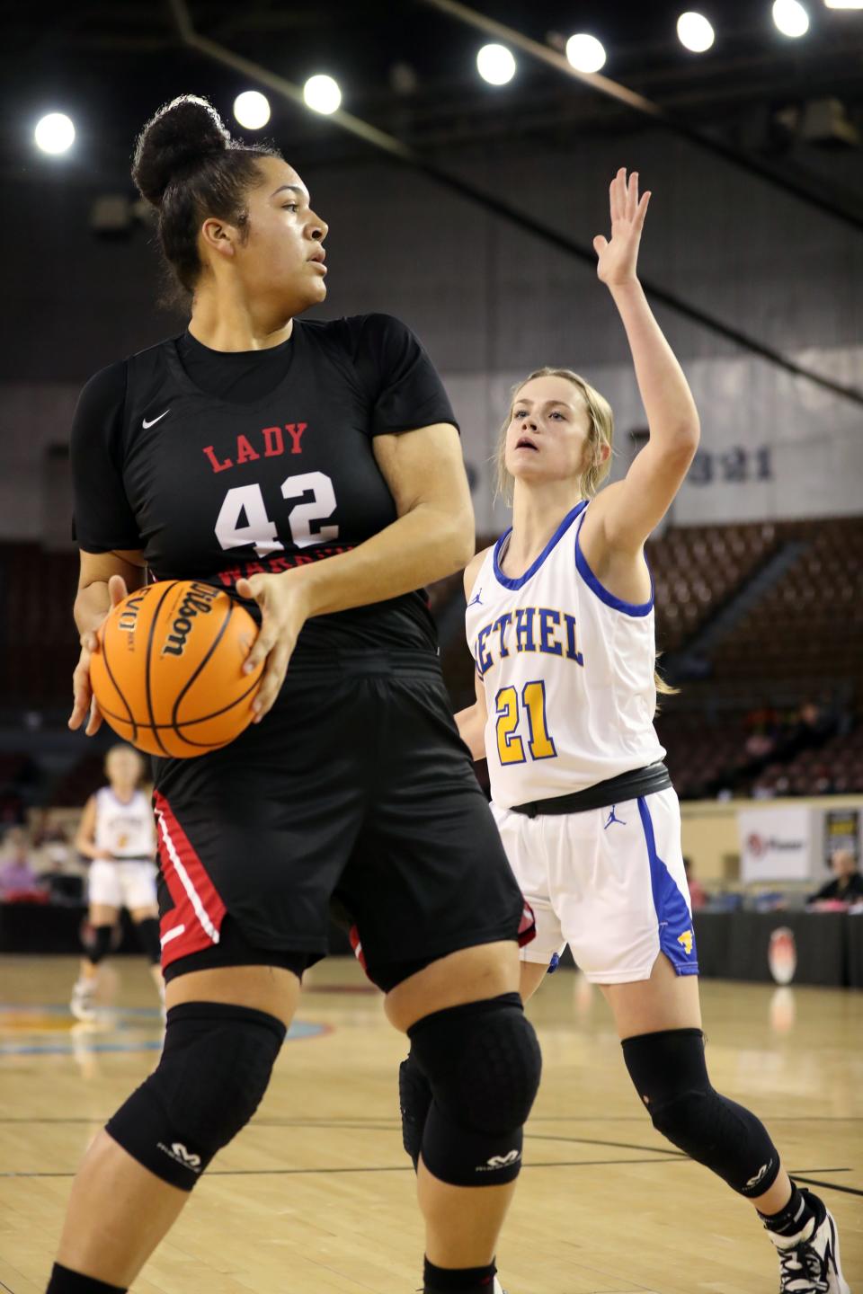 Idabel center Mary Cardin (42) was one of three Idabel players to score in double figures in the 58-50 win over Lincoln Christian in Friday's Class 3A state semifinals at Yukon High School.