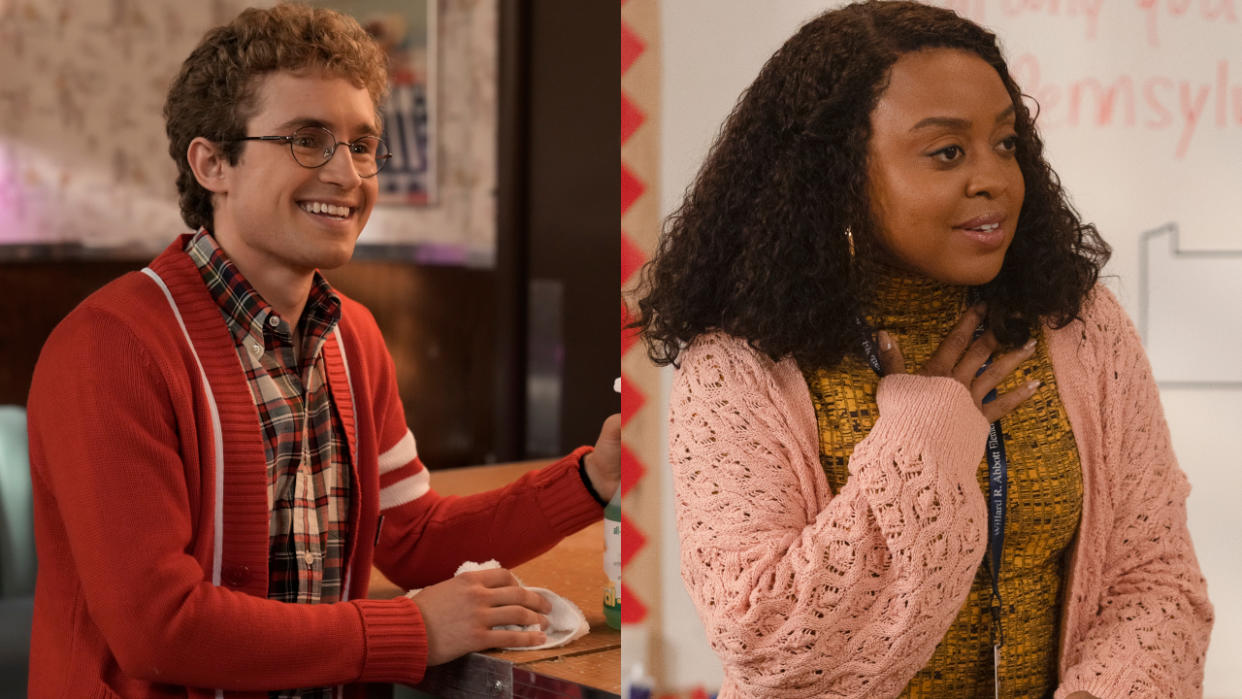  Sean Giambrone pictured in The Goldbergs and Quinta Brunson pictured in Abbott Elementary, side by side. 