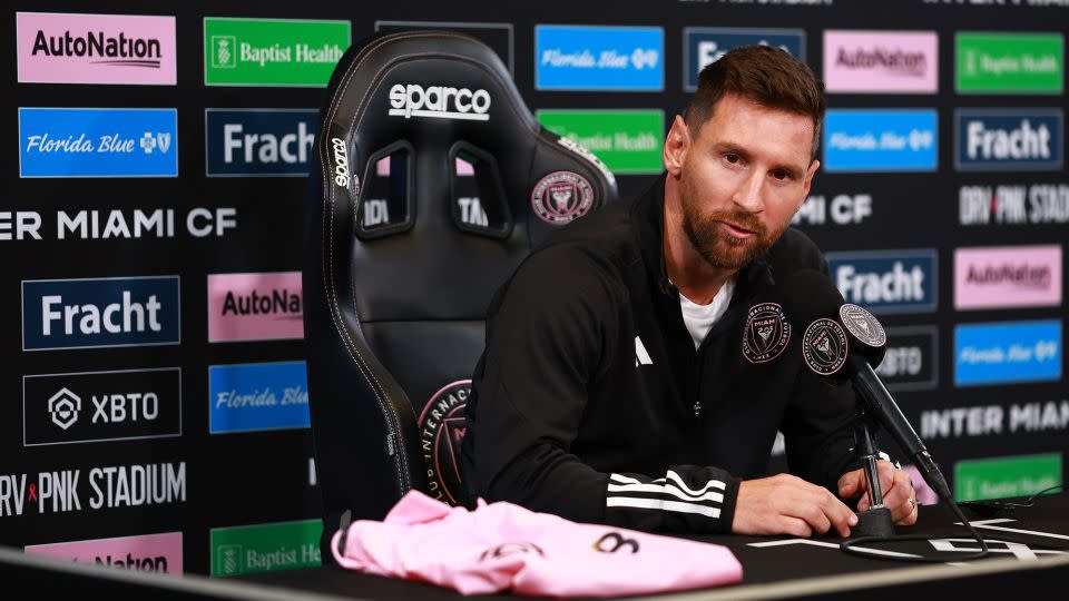 Messi speaks during a press conference at DRV PNK Stadium on August 17. - Megan Briggs/Getty Images