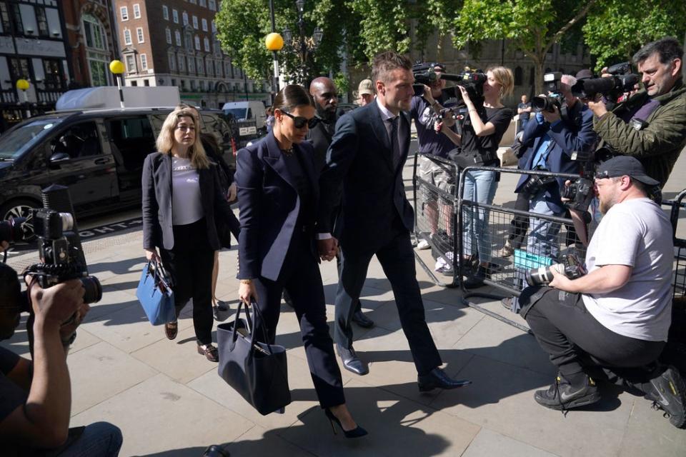 Rebekah and Jamie Vardy arrive at the Royal Courts of Justice in London (PA)