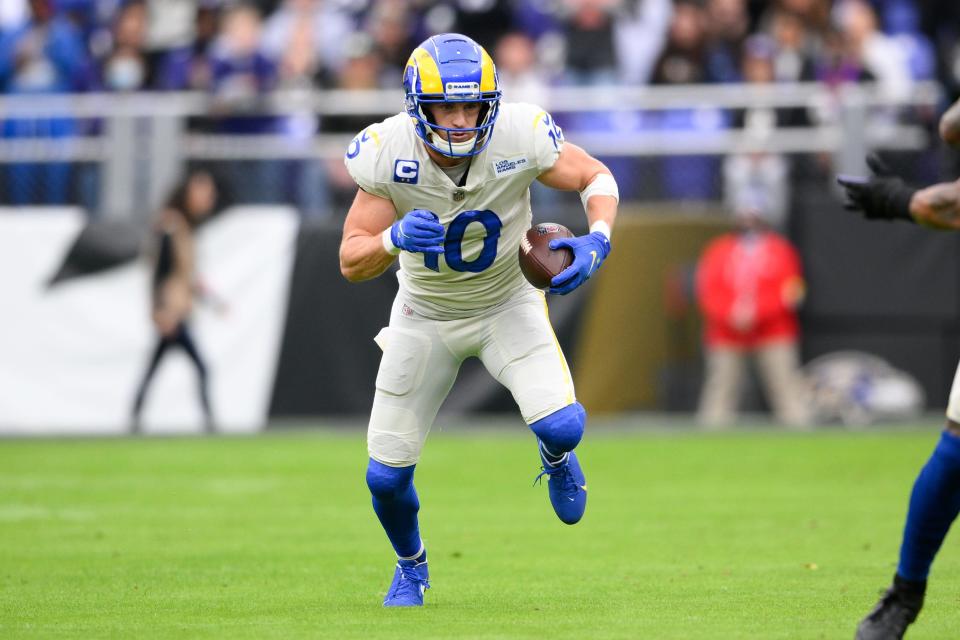 Los Angeles Rams wide receiver Cooper Kupp runs with the ball after making a catch against the Baltimore Ravens. (AP Photo/Nick Wass)