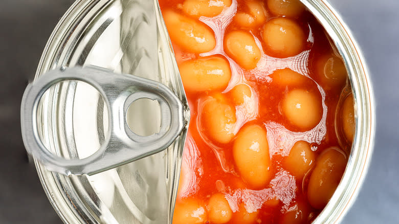 Baked beans in open can