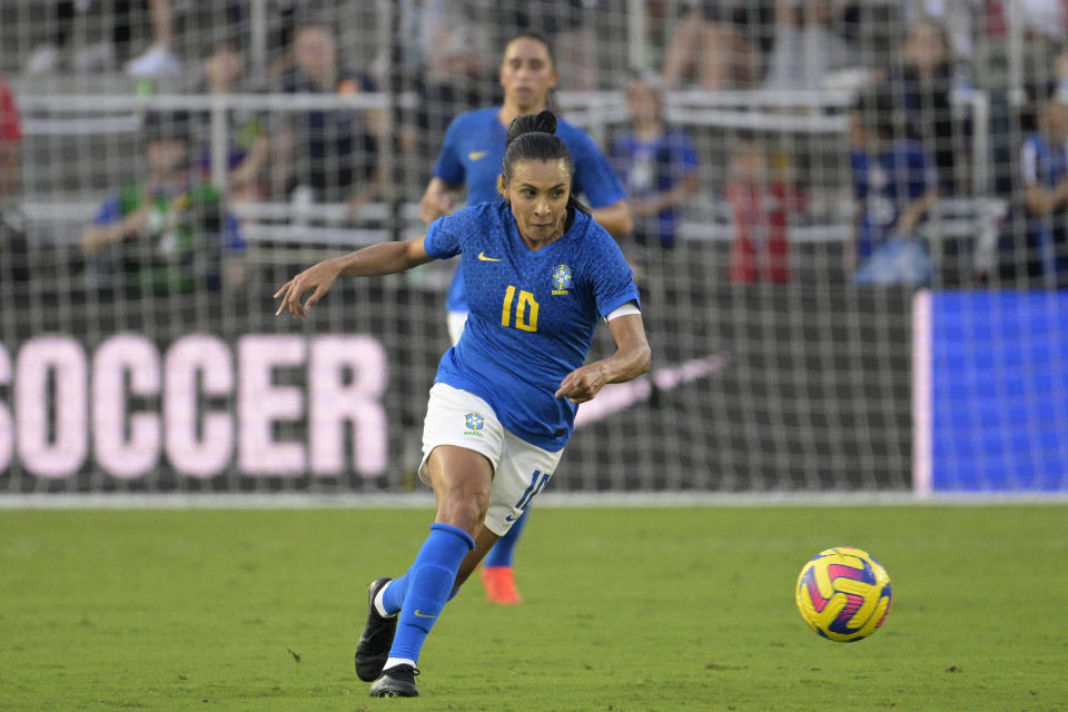 FILE - Brazil forward Marta (10) controls the ball during the second half of a SheBelieves Cup women's soccer match against Japan, Thursday, Feb. 16, 2023, in Orlando, Fla. The United States will be playing for an unprecedented three-peat at the Women's World Cup this summer. (AP Photo/Phelan M. Ebenhack, File)
