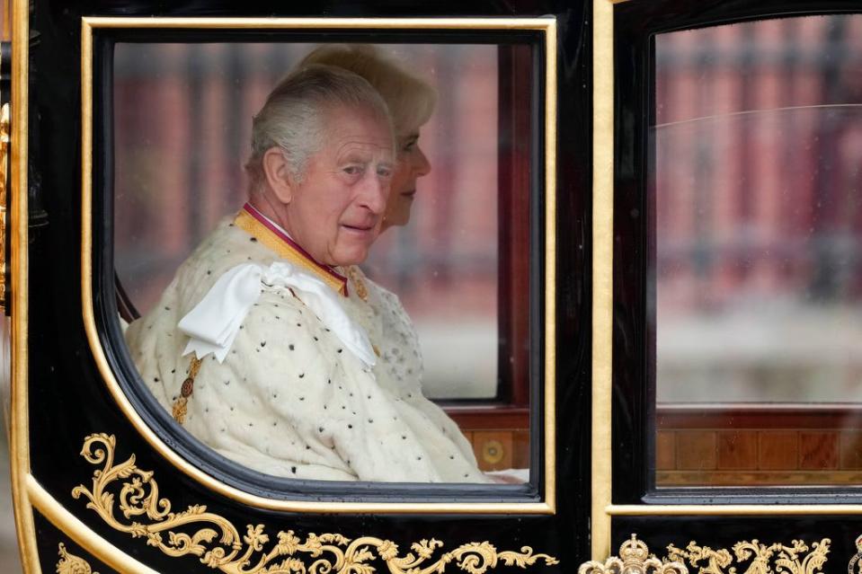King Charles III and Camilla, Queen Consort travelling in the Diamond Jubilee Coach