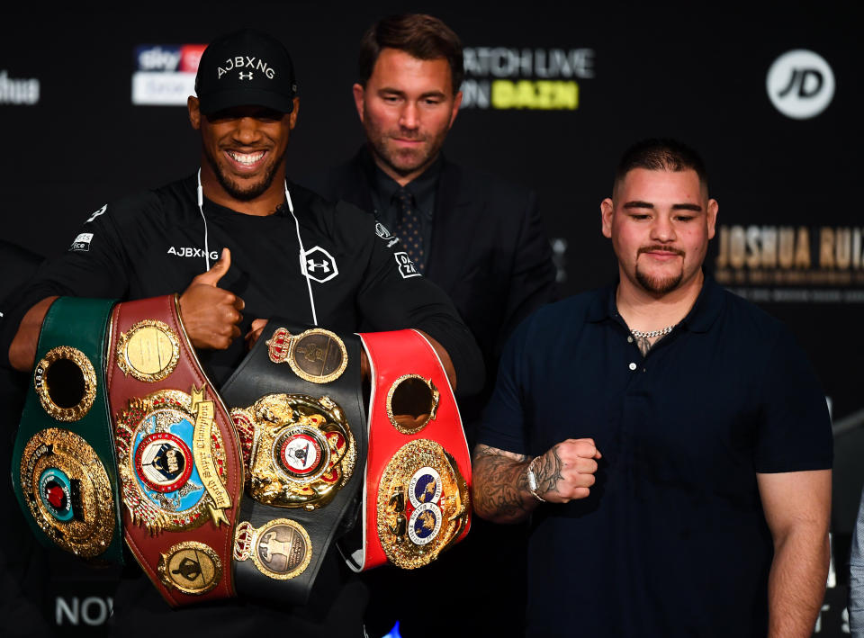 New York , United States - 30 May 2019; Anthony Joshua, left, and Andy Ruiz Jr following a press conference, at the Beacon Theater on Broadway, ahead of their World Heavyweight title fight, on Saturday night at Madison Square Garden, in New York, USA. (Photo By Stephen McCarthy/Sportsfile via Getty Images)