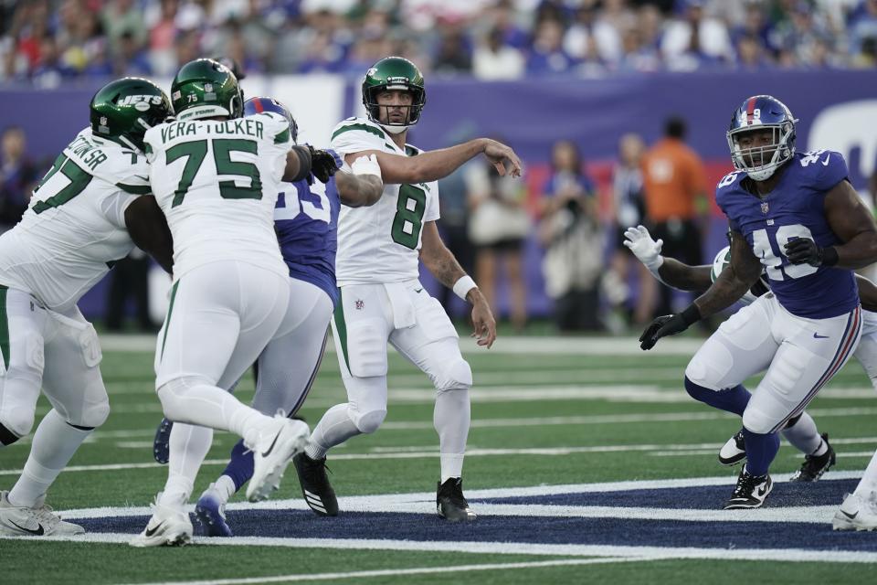 New York Jets quarterback Aaron Rodgers (8) passes the ball during a game against the New York Giants, Saturday, Aug. 26, 2023 in East Rutherford, N.J. | Vera Nieuwenhuis, Associated Press
