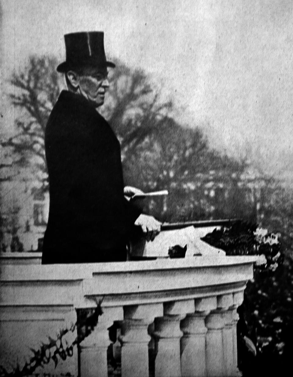 Woodrow Wilson addresses the crowd on March 5, 1917, for his second inauguration.