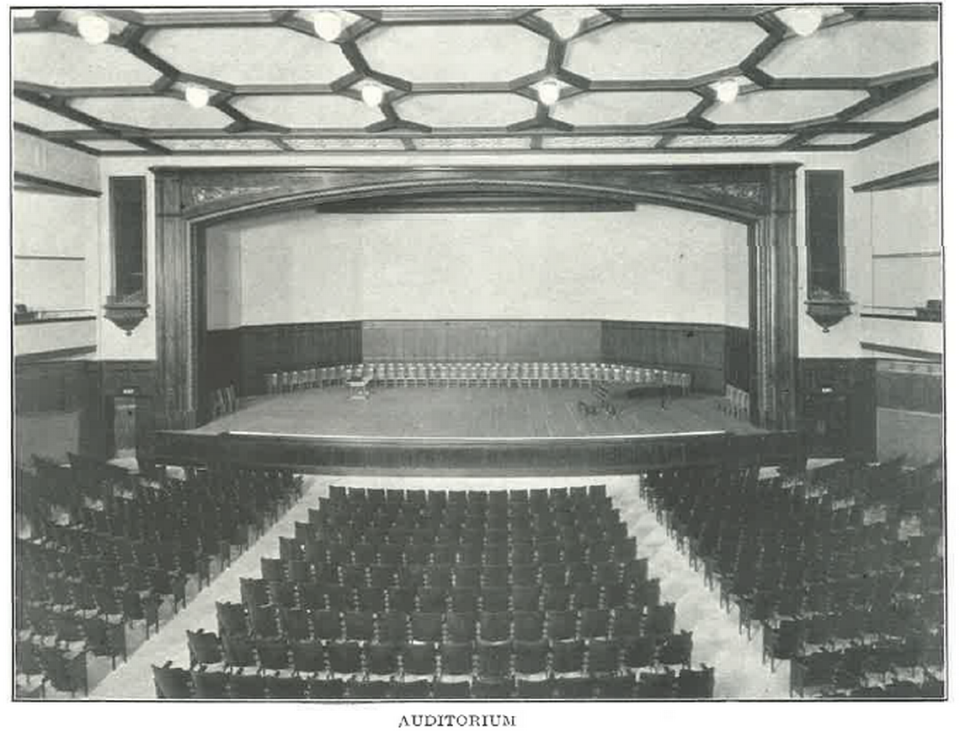 Through the years, the heart of East has been the school’s auditorium with its Tudor-style proscenium and seating for 2,200. Skylights let in a bit of light — and unwanted water when it rains — and stained glass windows grace its second floor.