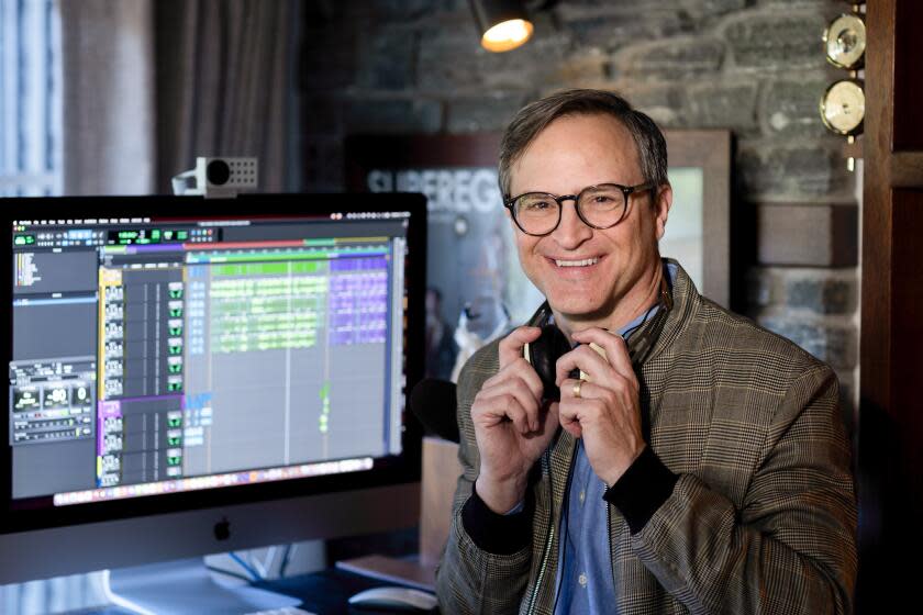 Matt Gourley, producer and co-host of the podcast "Conan O'Brien Needs a Friend," in his home studio in Pasadena.