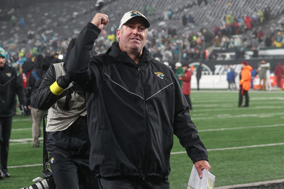 Dec 22, 2022; East Rutherford, New Jersey, USA; Jacksonville Jaguars head coach Doug Pederson gestures to fans after the game against the New York Jets at MetLife Stadium. Mandatory Credit: Vincent Carchietta-USA TODAY Sports
