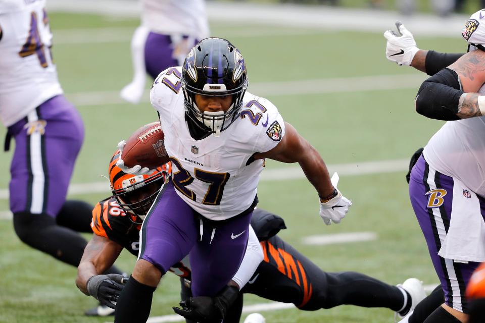 Baltimore Ravens running back J.K. Dobbins (27) runs for the touchdown. [Joseph Maiorana/USA TODAY]