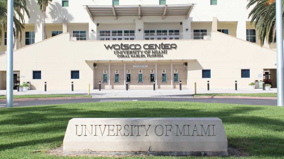 Coral Gables FL/USA: Nov 30, 2017 â€“ Carved stone sign greets visitors to the University of Miami and Watsco Center which is home to the University of Miami Hurricanes basketball teams.