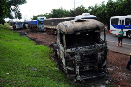 A truck burned near the headquarters of private security company Prosegur is pictured in Ciudad del Este, eastern Paraguay, April 24, 2017, after a group of dozens of people carried out an assault with explosives at the site. REUTERS/Francisco Espinola