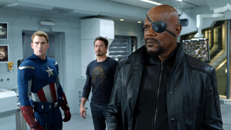 THE AVENGERS, l-r: Chris Evans (as Captain America), Robert Downey Jr. (as Tony Stark), Samuel L. Jackson (as Nick Fury), 2012, ©Walt Disney Studios Motion Pictures/courtesy Everett Collection