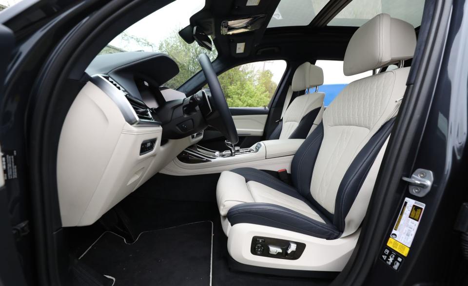 <p>The $3700 blue-and-ivory interior in our 50i test vehicle is an impressively upscale combo. The 20-way-adjustable multicontour front seats, with that all-­important articulating backrest to dial in the perfect fit, are among the best in the business.</p>