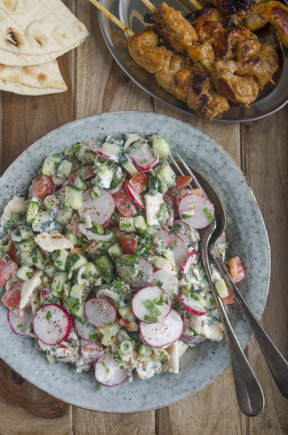 Grilled chicken skewers with fattoush salad