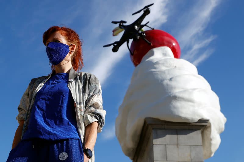 Heather Phillipson's sculpture ''THE END'', is seen after it was unveiled on Trafalgar Square's Fourth Plinth, in London