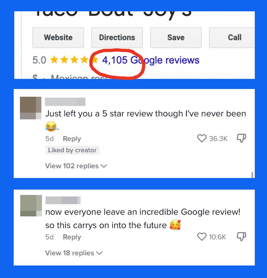 4105 google reviews circled in a screenshot and commenters suggesting to leave 5-star google reviews