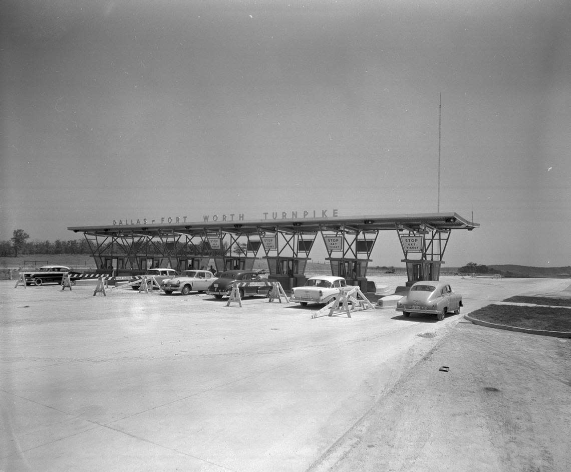 Aug. 7, 1957: Dallas-Fort Worth Turnpike toll gates in Fort Worth a few days before the turnpike was opened to traffic.