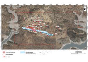 Romanera Area initial planned drill pad locations. Drilling platforms have been planned on existing trails and roads, to minimize the environmental footprint of the drill program.  Note the surface projection of the Romanera deposit in red.  The deposit has only been drilled along 450 meters of the 1,200 meter long TDEM conductor that is associated with the mineralization at the Romanera Deposit.