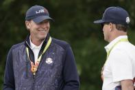 Team USA captain Steve Stricker talks to Zack Johnson at the Whistling Straits Golf Course Monday, Sept. 20, 2021, in Sheboygan, Wis. (AP Photo/Morry Gash)