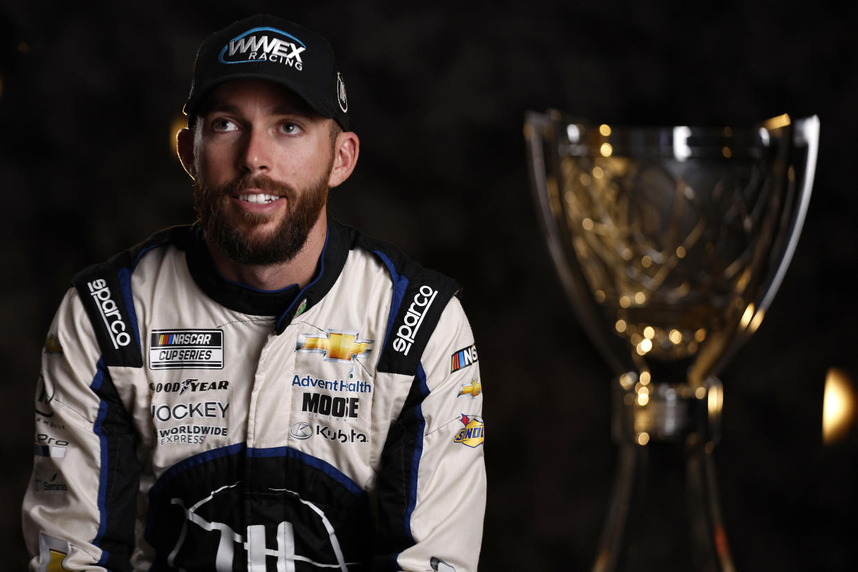 AVONDALE, ARIZONA - NOVEMBER 03: Ross Chastain, driver of the #1 Moose Fraternity Chevrolet, speaks to the media during the NASCAR Championship 4 Media Day at Phoenix Raceway on November 03, 2022 in Avondale, Arizona. (Photo by Sean Gardner/Getty Images)