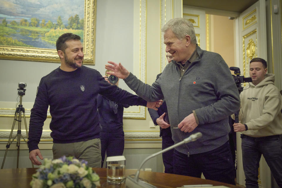 In this photo provided by the Ukrainian Presidential Press Office, Ukrainian President Volodymyr Zelenskyy, left, and Finnish President Sauli Niinisto talk during their meeting in Kyiv, Ukraine, Tuesday, Jan. 24, 2023. (Ukrainian Presidential Press Office via AP)