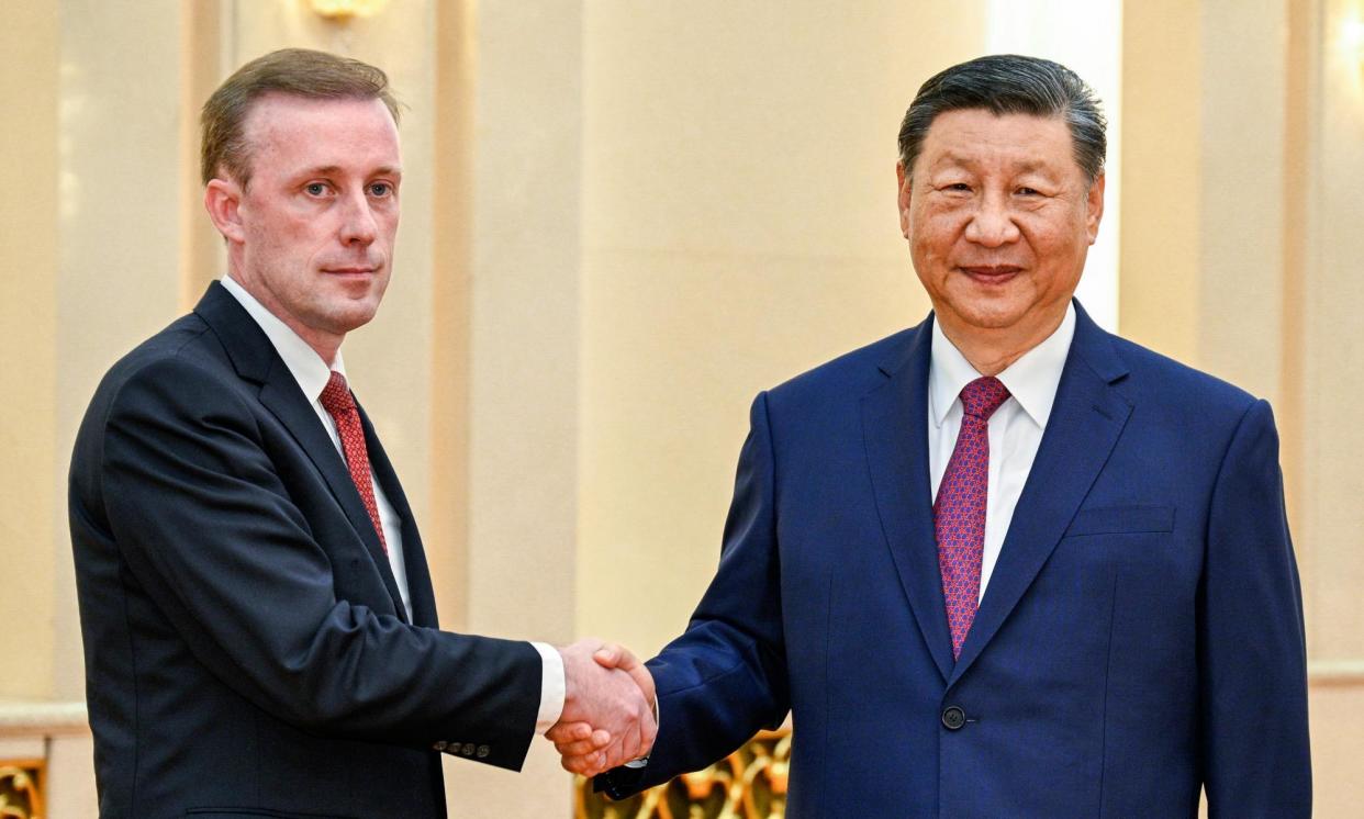 <span>Jake Sullivan and Xi Jinping at the Great Hall of the People in Beijing on Thursday.</span><span>Photograph: Li Xueren/AP</span>