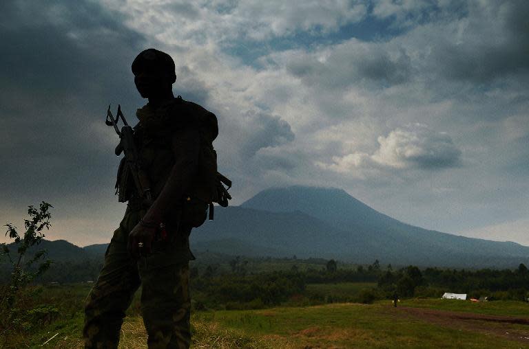A soldier from the Democratic Republic of Congo regular army (FARDC) stands guard in Kibati near Goma, on September 4, 2013