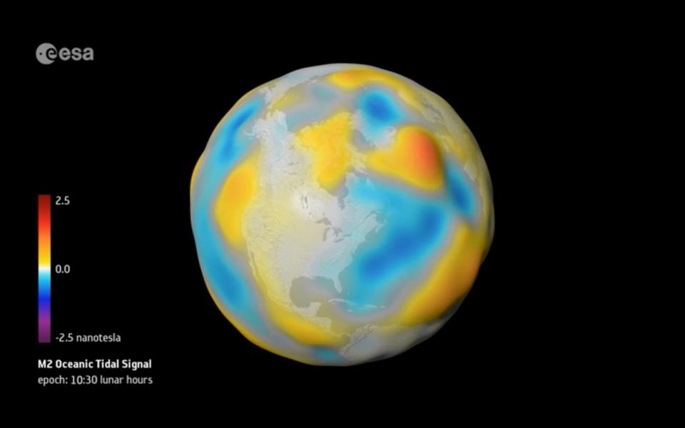 This digital map shows the magnetic signals generated by Earth’s oceans, from the ocean's surface to the seafloor. <cite>ESA/Planetary Visions</cite>