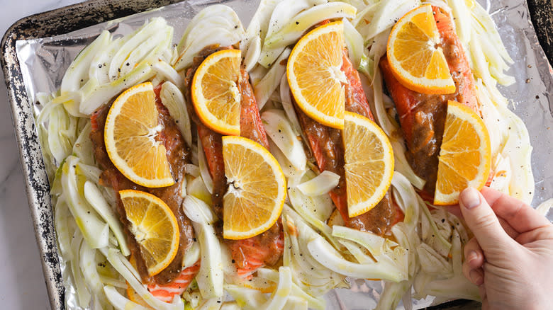 sheet tray with salmon, fennel, and orange