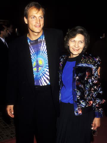 <p>Ron Galella/Ron Galella Collection/Getty</p> Woody Harrelson and mother Diane Harrelson at the Premiere of 'White Man Can't Jump'.