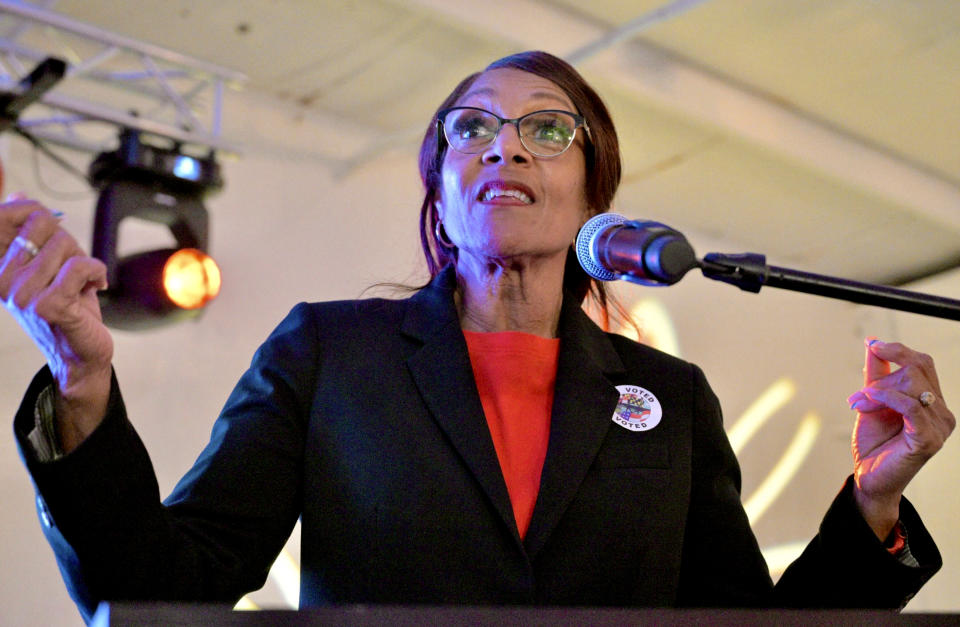 Democratic Baltimore mayoral candidate Sheila Dixon speaks during a primary election night watch party, Tuesday, May 14, 2024, in Baltimore. (Karl Merton Ferron/The Baltimore Sun via AP)