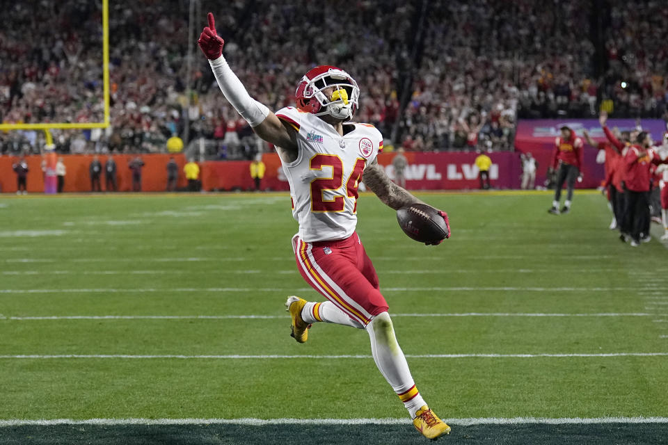 Kansas City Chiefs wide receiver Skyy Moore (24) celebrates his touchdown against the Philadelphia Eagles during the second half of the NFL Super Bowl 57 football game, Sunday, Feb. 12, 2023, in Glendale, Ariz. (AP Photo/Brynn Anderson)