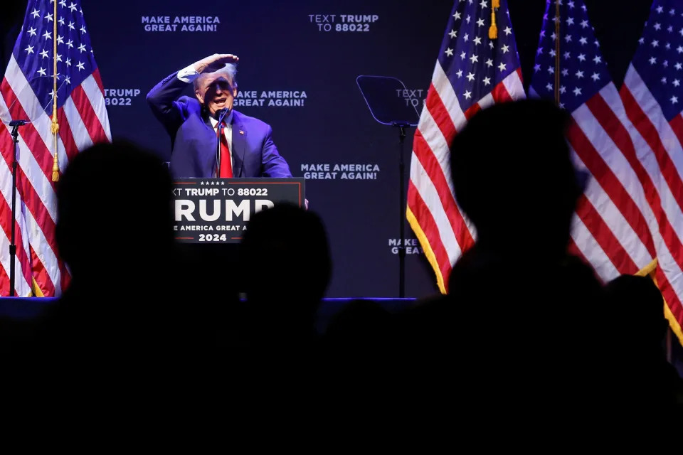 Former U.S. President Donald Trump delivers remarks on education as he holds a campaign rally with supporters, in Davenport, Iowa, U.S. March 13, 2023. REUTERS/Jonathan Ernst