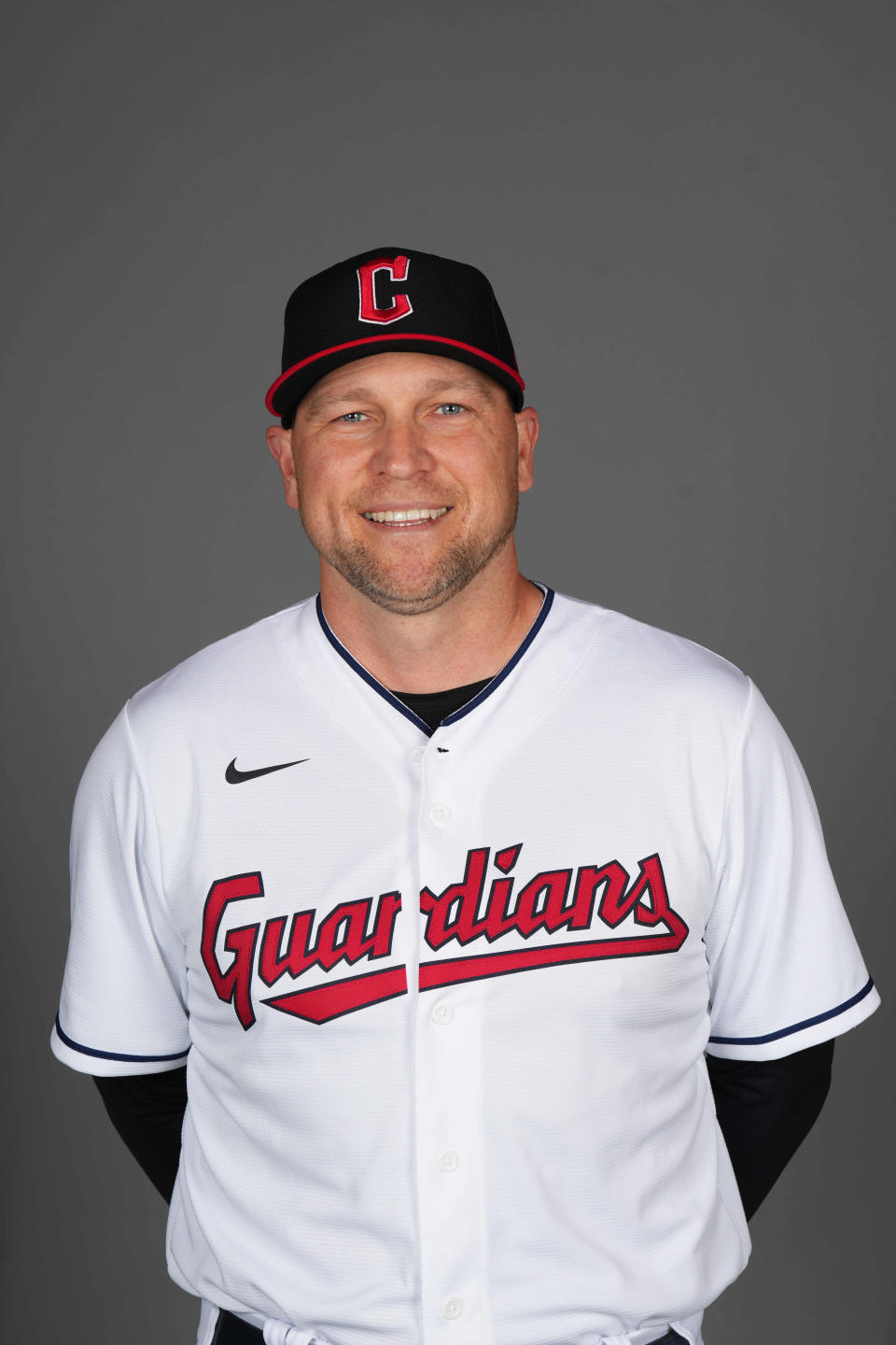 Cleveland Guardians coach Chris Valaika poses for a photo during Media Day Feb. 22 at the Cleveland Guardians Spring Training Facility   in Goodyear, Arizona.