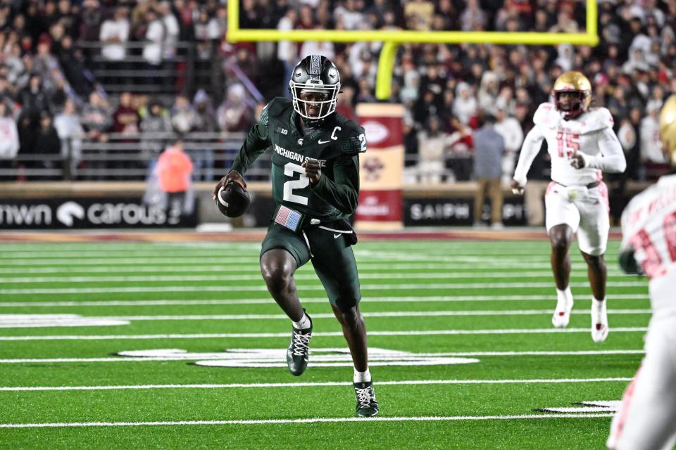 Michigan State Spartans quarterback Aidan Chiles runs the ball against the Boston College Eagles during the first half at Alumni Stadium on Saturday, Sept. 21, 2024, in Chestnut Hill, Massachusetts.