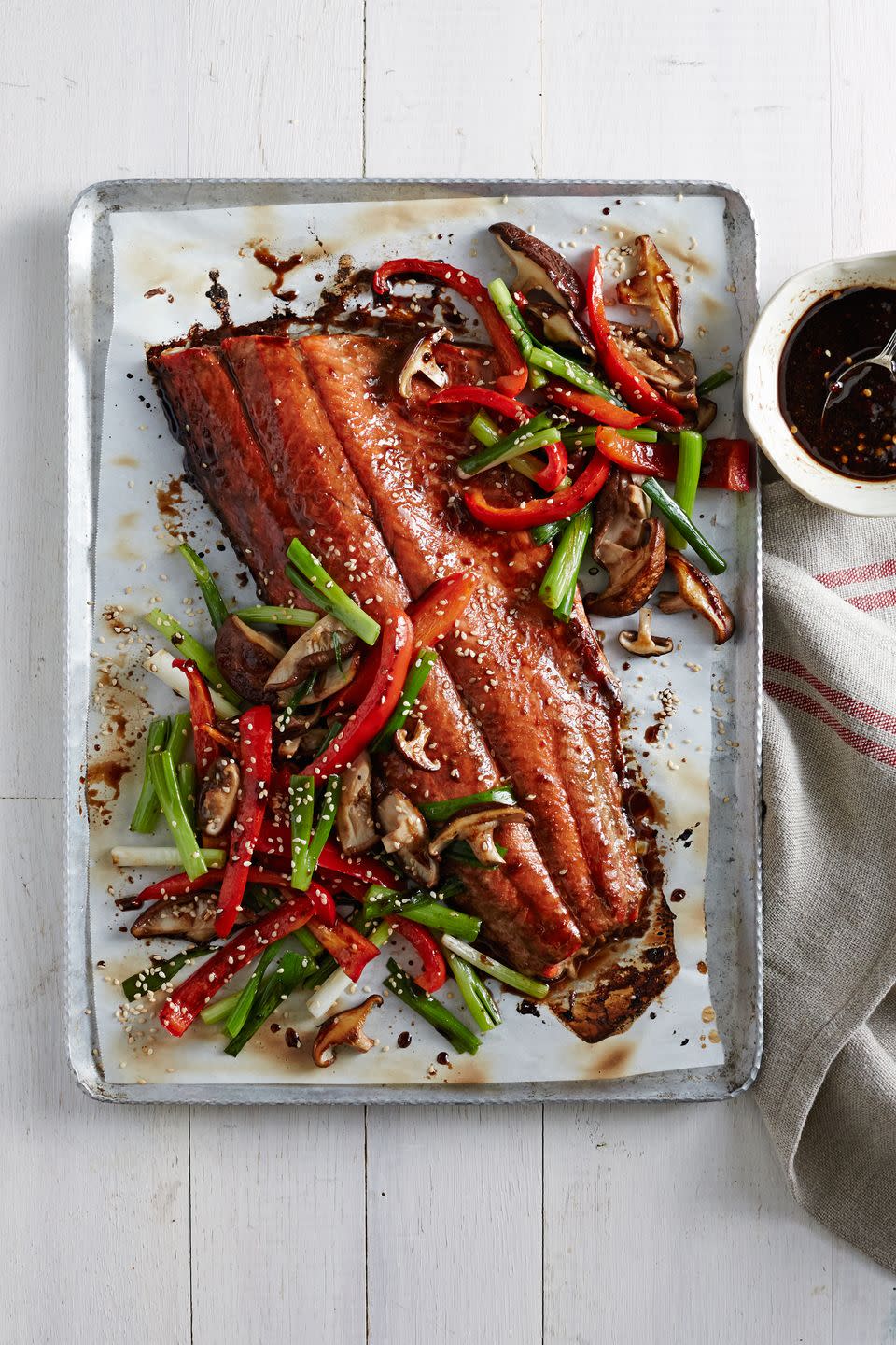 Honey-Soy Glazed Salmon with Mushrooms and Peppers