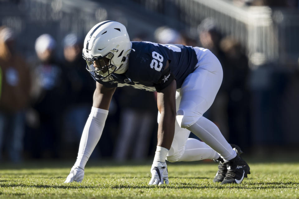 STATE COLLEGE, PA - NOVEMBER 16: Jayson Oweh #28 of the Penn State Nittany Lions lines up against the Indiana Hoosiers during the second half at Beaver Stadium on November 16, 2019 in State College, Pennsylvania. (Photo by Scott Taetsch/Getty Images)