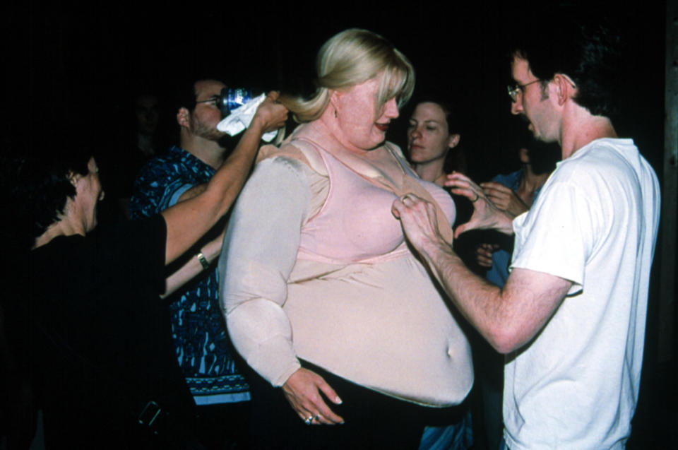 Gwyneth Paltrow being fitted into her fat suit on the set of shallow hal