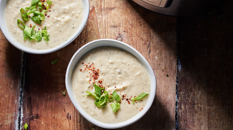 Bowls of creamy potato soup