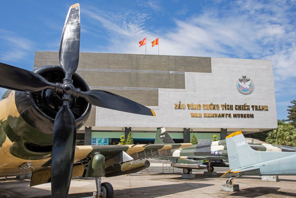 war planes in front of the war remnants museum relating to the first indochina and vietnam war in ho chi minh city